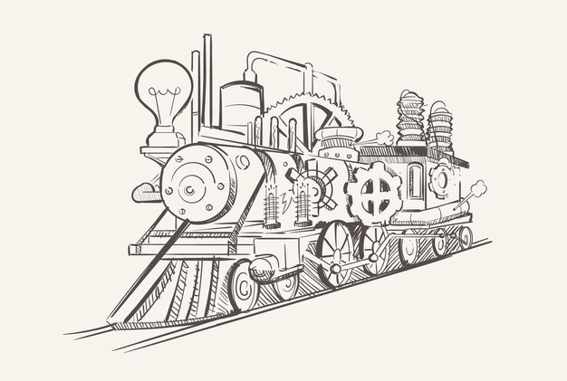 レトロな電車 グランジ背景にヴィンテージの機関車のイラスト ポスター エンブレム 看板 Tシャツの要素 図 プレミアムベクター