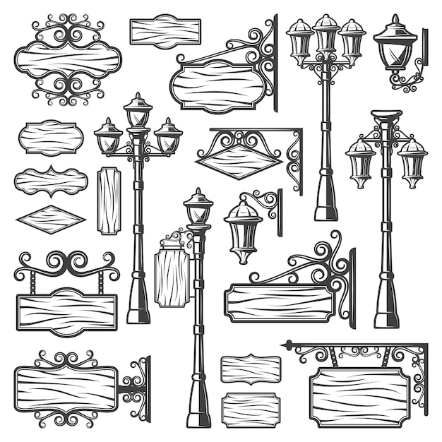 Free vector vintage street lanterns set with metal poles old lamps signboards and blank wooden planks isolated