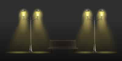 Free vector vintage street lights glowing with yellow light and wooden bench