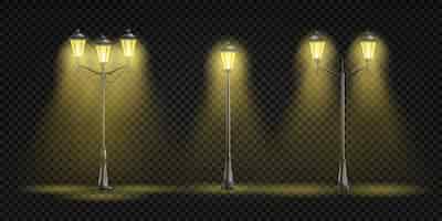 Free vector vintage street lights glowing with yellow light