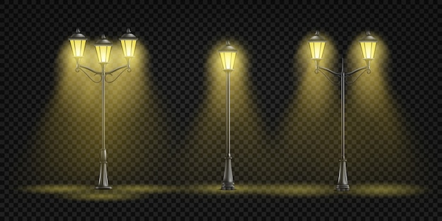 Vintage street lights glowing with yellow light 