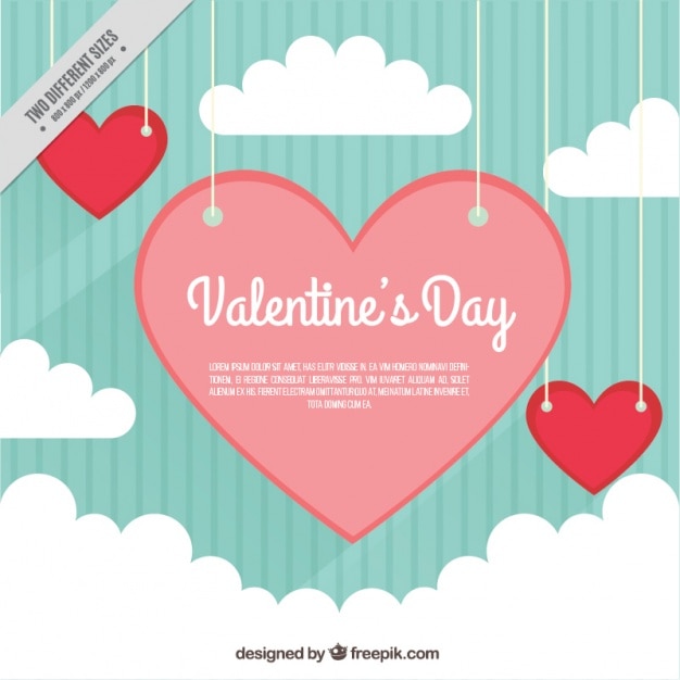 Vintage striped background and hearts between clouds