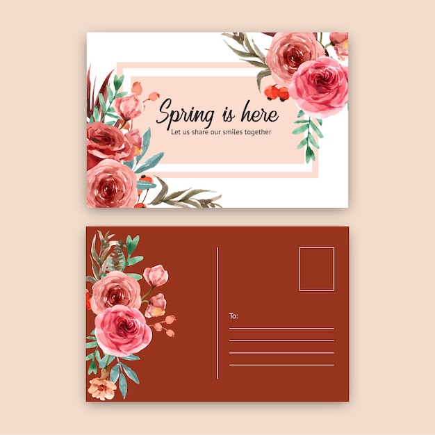 Free vector vintage style floral ember glow postcard with rose watercolor illustration.