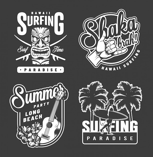 Free vector vintage summer surfing monochrome prints