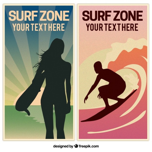 Free Vector vintage surf banners with silhouettes