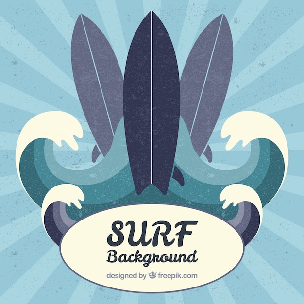 Free Vector vintage surfboards and waves on a sunburst background