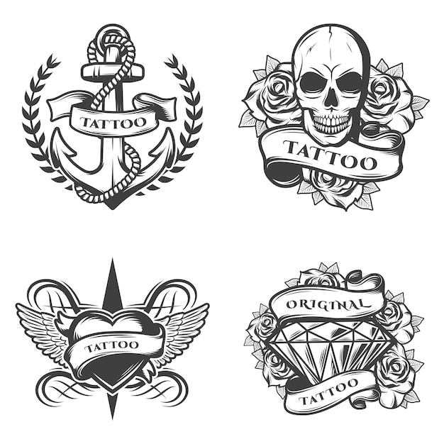 Vettore gratuito set di emblemi di tattoo studio vintage