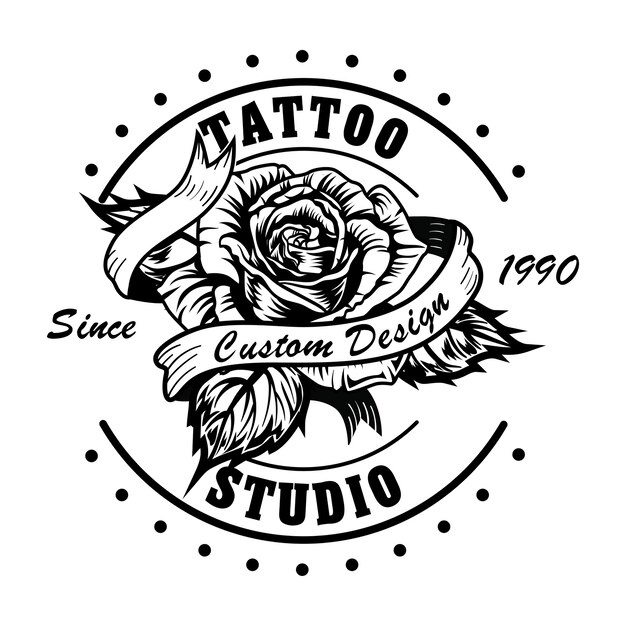 Vintage tattoo studio logo with rose vector illustration. Black and white flower with tape