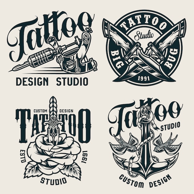 Vettore gratuito etichette monocromatiche di studio tatuaggio vintage