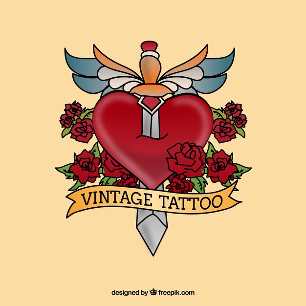 Vintage tattoo with a dagger on the heart