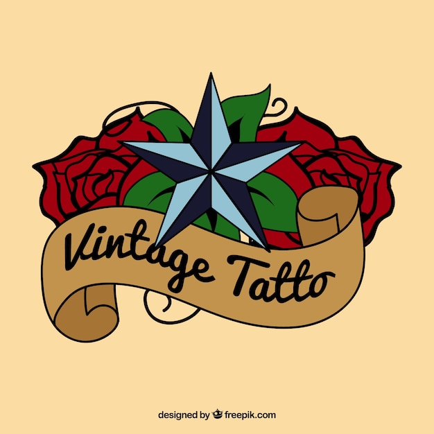 Vintage tattoo with a star over roses