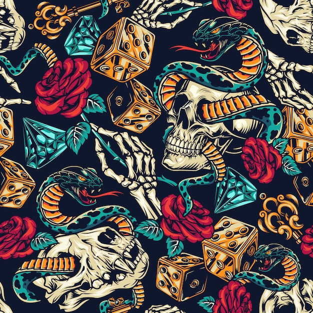 Free Vector vintage tattoos colorful seamless pattern