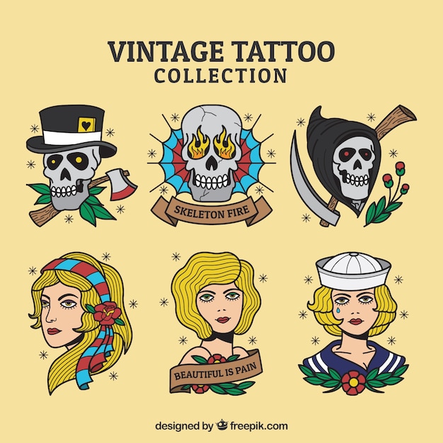 Vintage tattoos of hand drawn characters set