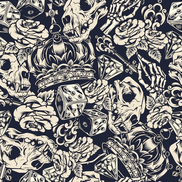 Vintage tattoos monochrome seamless pattern