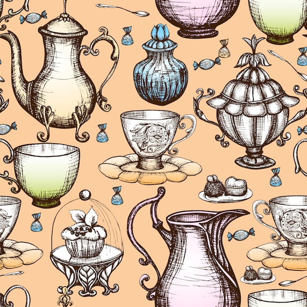 Free vector vintage tea seamless pattern