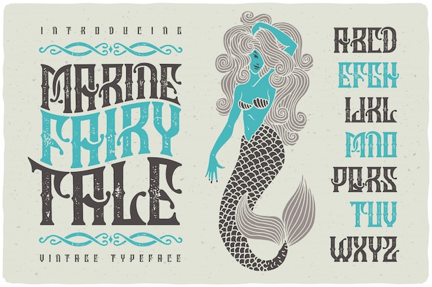 Vintage textured typeface with mermaid illustration