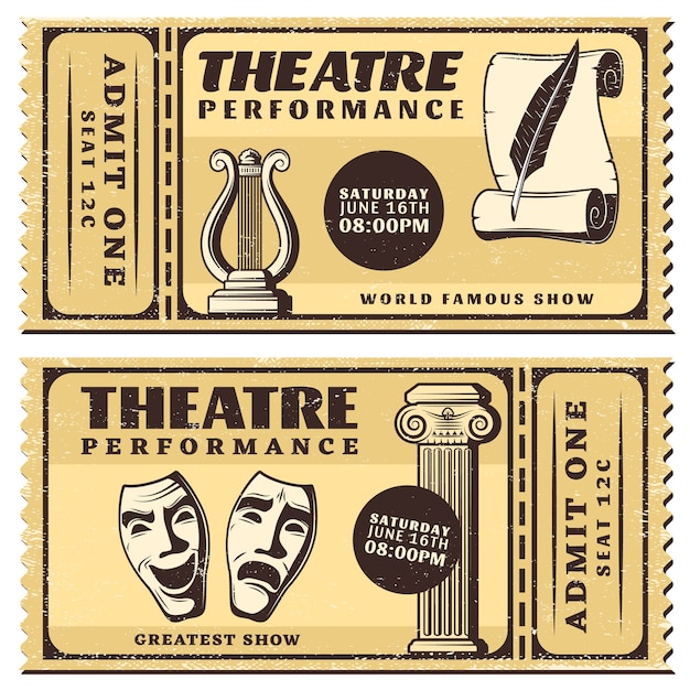 Free vector vintage theatre performance horizontal tickets