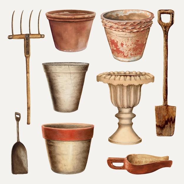 Free vector vintage tools and pot vector illustration set, remixed from public domain collection