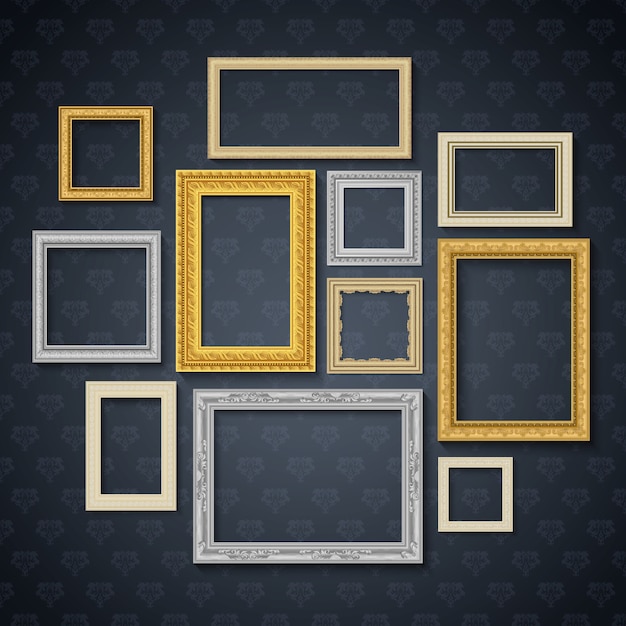 Vintage traditional realistic frames set on dark wall isolated vector illustration