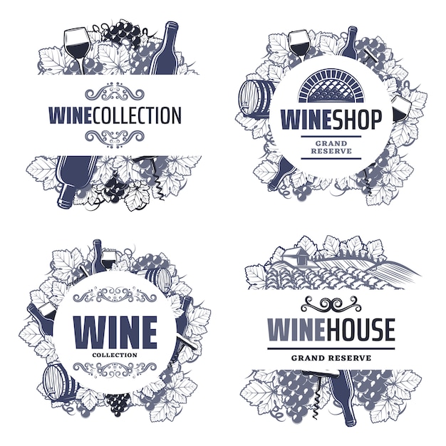 Vintage traditional wine templates with inscriptions bottles wineglasses bunch of grapes barrel vineyard corkscrew isolated