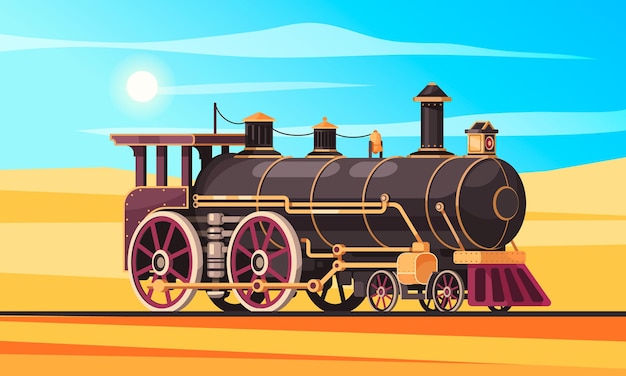 Free vector vintage transport composition with desert landscape sand and sunny sky with railway and classic steam locomotive