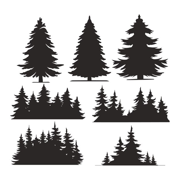 Vintage trees and forest silhouettes set