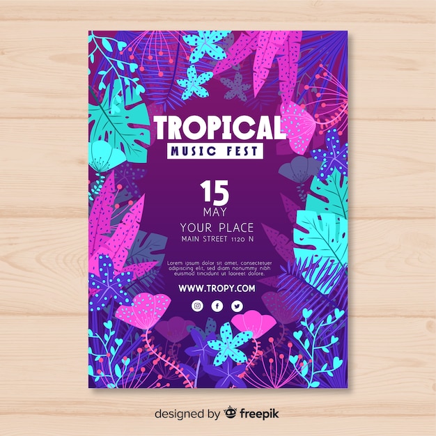 Vettore gratuito modello di poster festival di musica tropicale vintage