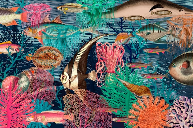 Винтажный подводный узор фона, переработанный из произведений искусства, являющихся общественным достоянием