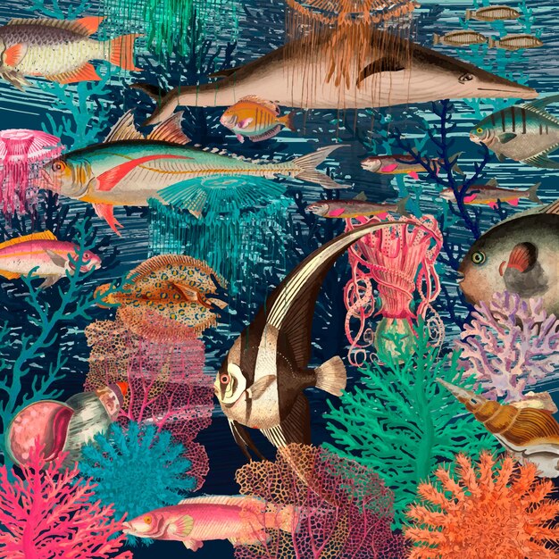 Vintage underwater pattern background , remixed from public domain artworks