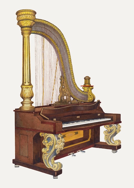 Vintage upright harp illustration vector, remixed from the artwork by William High
