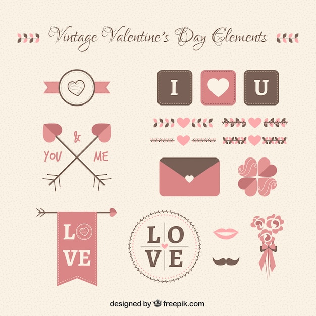 Vettore gratuito vintage valentine elementi giorno collezione