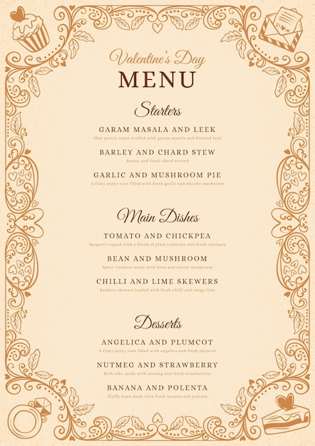 Free vector vintage valentine's day menu template