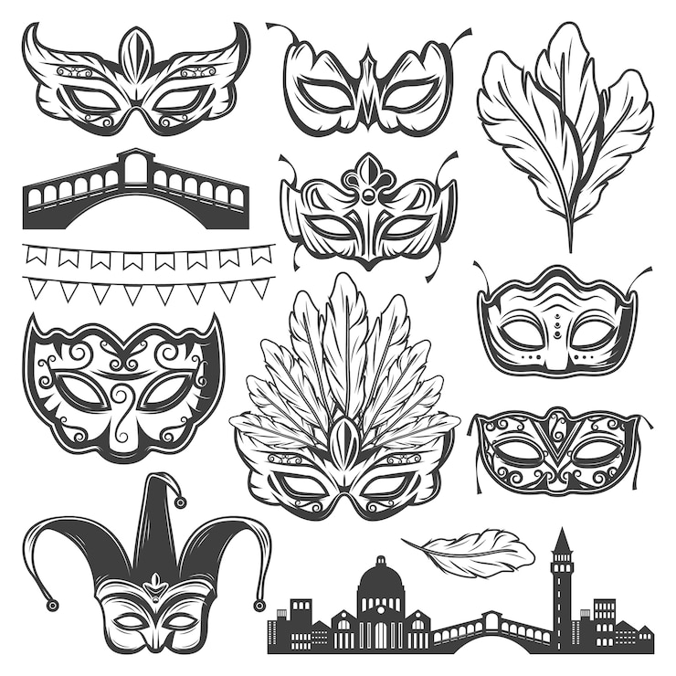 Free Vector vintage venice carnival elements set with venetian cityscape bridge different masks feathers and garland isolated
