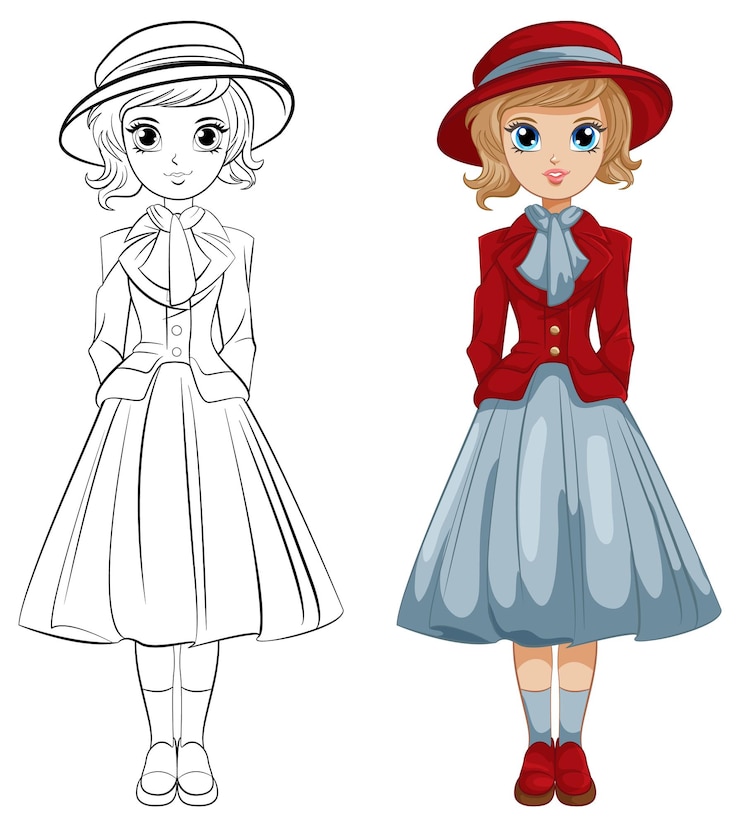 無料Vector ビンテージ ビクトリア朝の女の子のぬりえページ