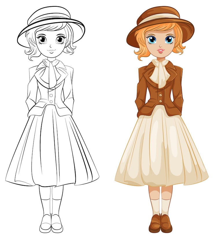 無料Vector ビンテージ ビクトリア朝の女の子の概要ぬりえページ