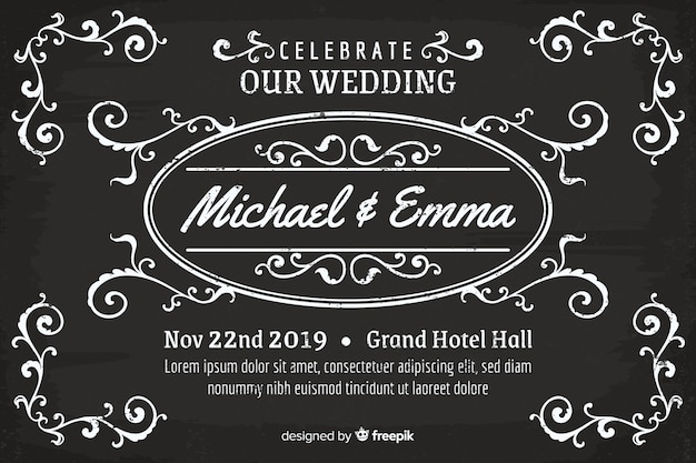 Vintage wedding invitation template on blackboard