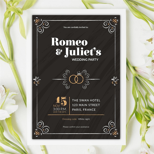 Free vector vintage wedding invitation template on blackboard