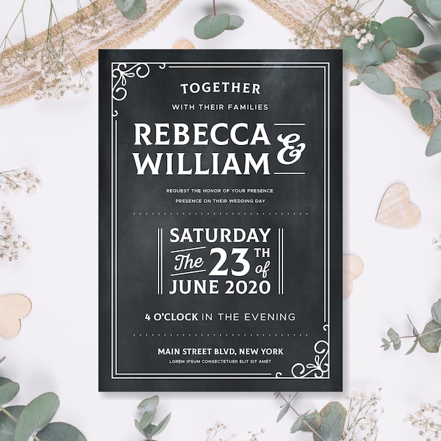 Free vector vintage wedding invitation template on blackboard