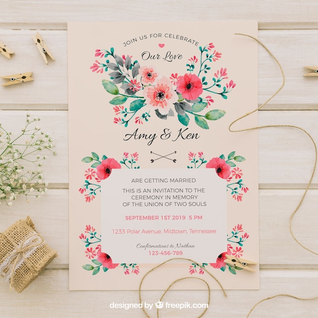 Vintage wedding invitation with watercolor flowers