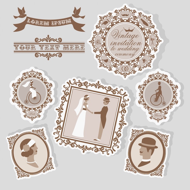 Vintage Wedding Label Set with Bridal Postcards and Retro Decor Isolates