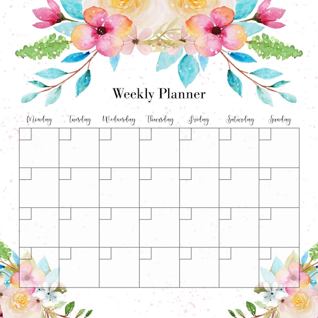 Vettore gratuito planner settimanale vintage con sfondo floreale colorato ad acquerello