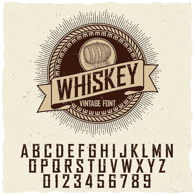 Vintage whiskey label font poster with sample label design