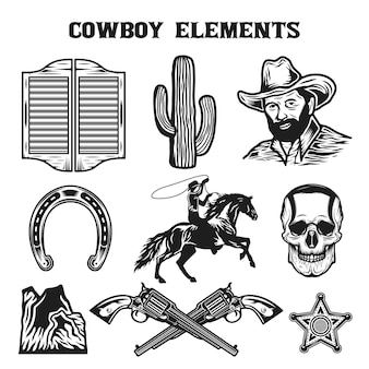 Vintage wild west cowboy elements collection set