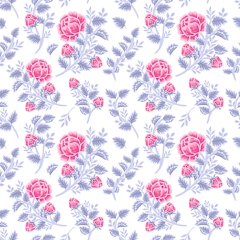 Винтажный зимний цветочный бесшовный узор из фиолетово-розового букета роз, цветочных бутонов и композиций из ветвей листьев