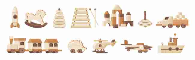 Free vector vintage wooden toys flat set with  helicopter whirligig rocket pyramid ship train isolated vector illustration