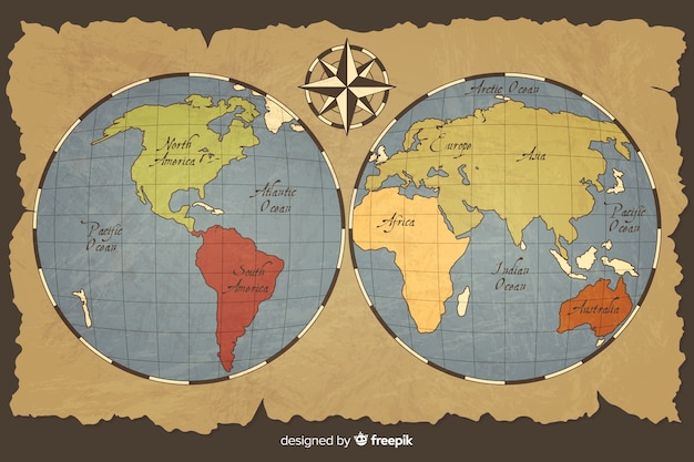 Vintage world map with planet