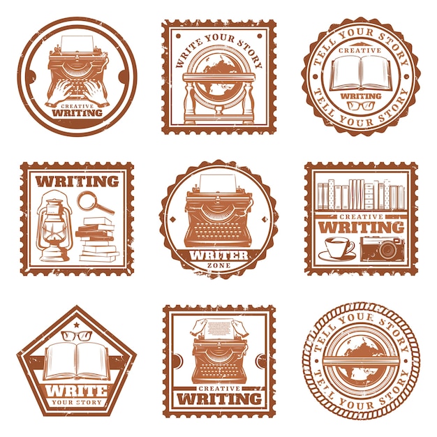 Free vector vintage writing stamps set with typing retro globe telephone typewriter books magnifier coffee camera eyeglasses oil lamp isolated