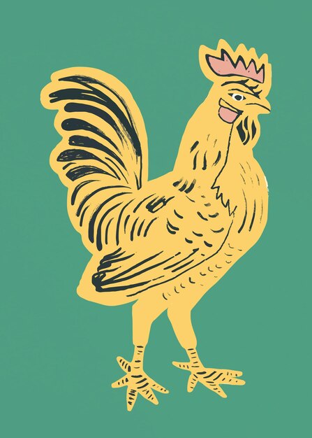 Vintage yellow rooster bird linocut style