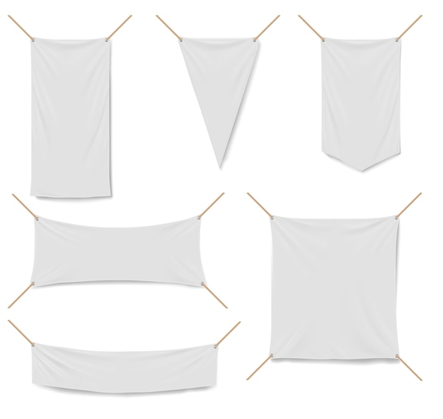 Vinyl Banners 3D Vector Mockup: Realistic Illustration of White Fabric Awnings for Street Advertising