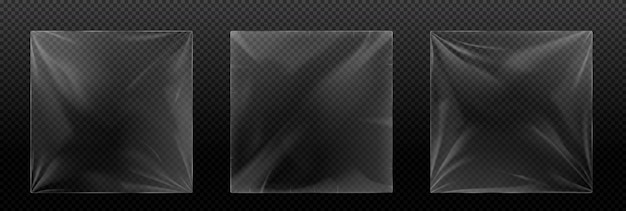 Vinyl cover with shrink effect realistic transparent plastic package vector illustration set overlay mockup of square seal wrap texture of cellophane or polythene wrapper with wrinkle